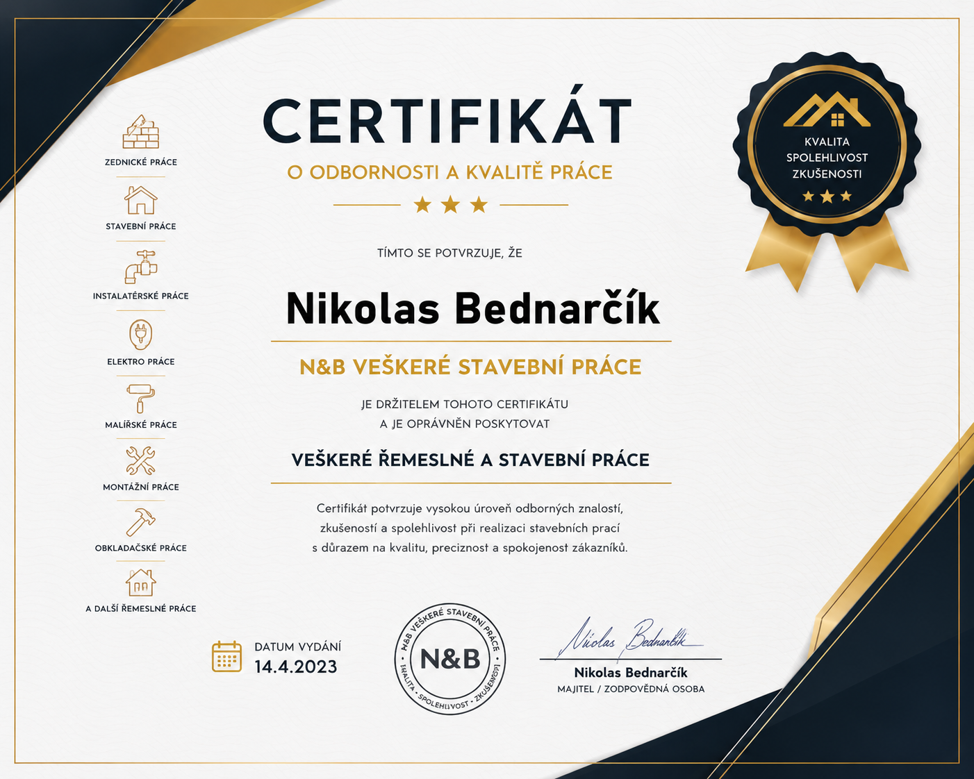 Certifikát o odbornosti a kvalitě práce